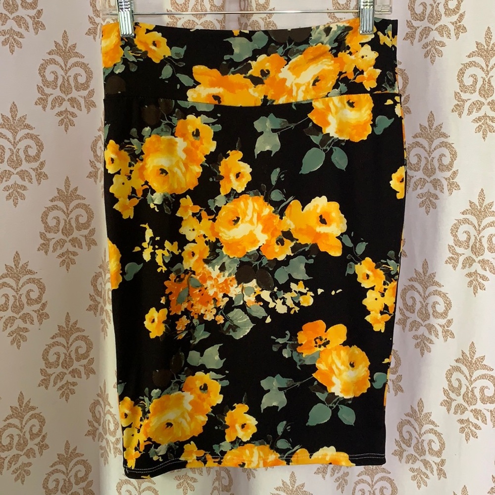 Rainbow floral yellow rose pencil skirt M